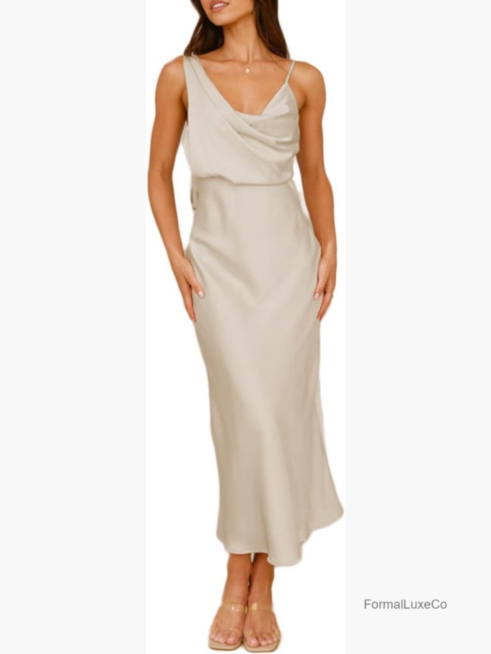 Satin Cowl Neck Midi Dress Formal Silk Spaghetti Strap Backless Wedding Guest